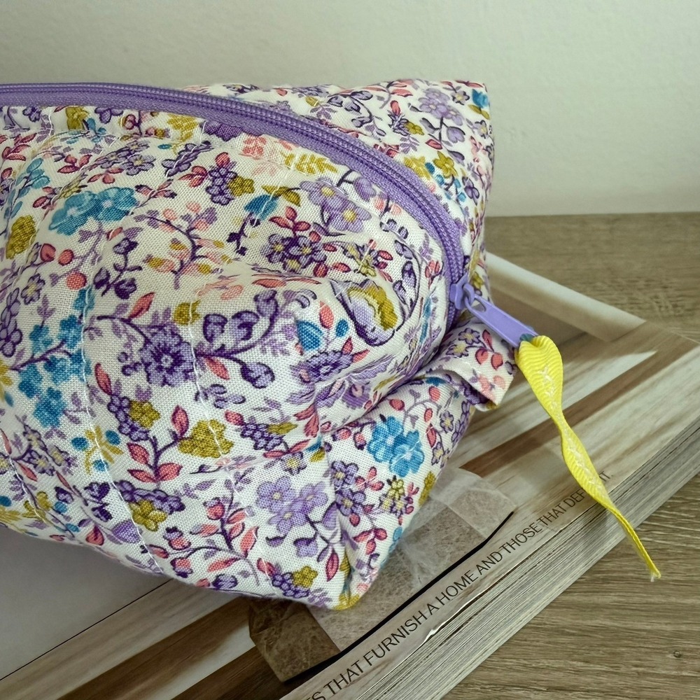 Floral Quilted Makeup Bag Purple Blue Wildflower Toiletry Pouch Cosmetic Case - Picture 3 of 6